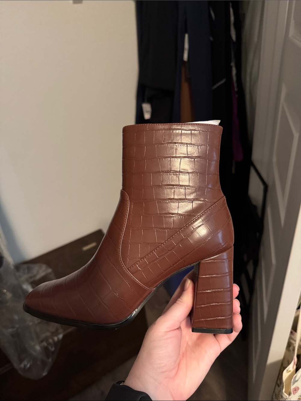 Croc-Embossed Brown Block Heel Ankle Boot
